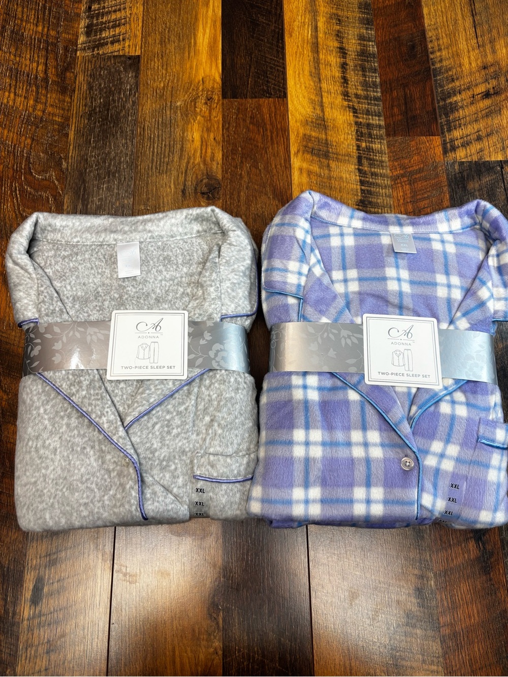 Adonna women’s Two-Piece fleece Sleep Set - Gray and Lavender Plaid 2 Sets XXL
